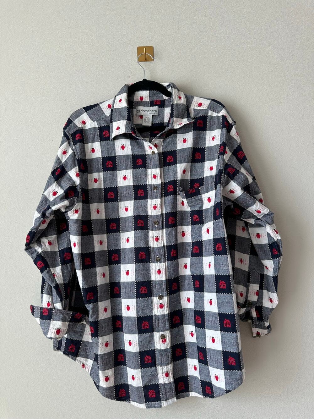Vintage Embroidered Apple Schoolhouse Checkered Button Down Shirt 18 20